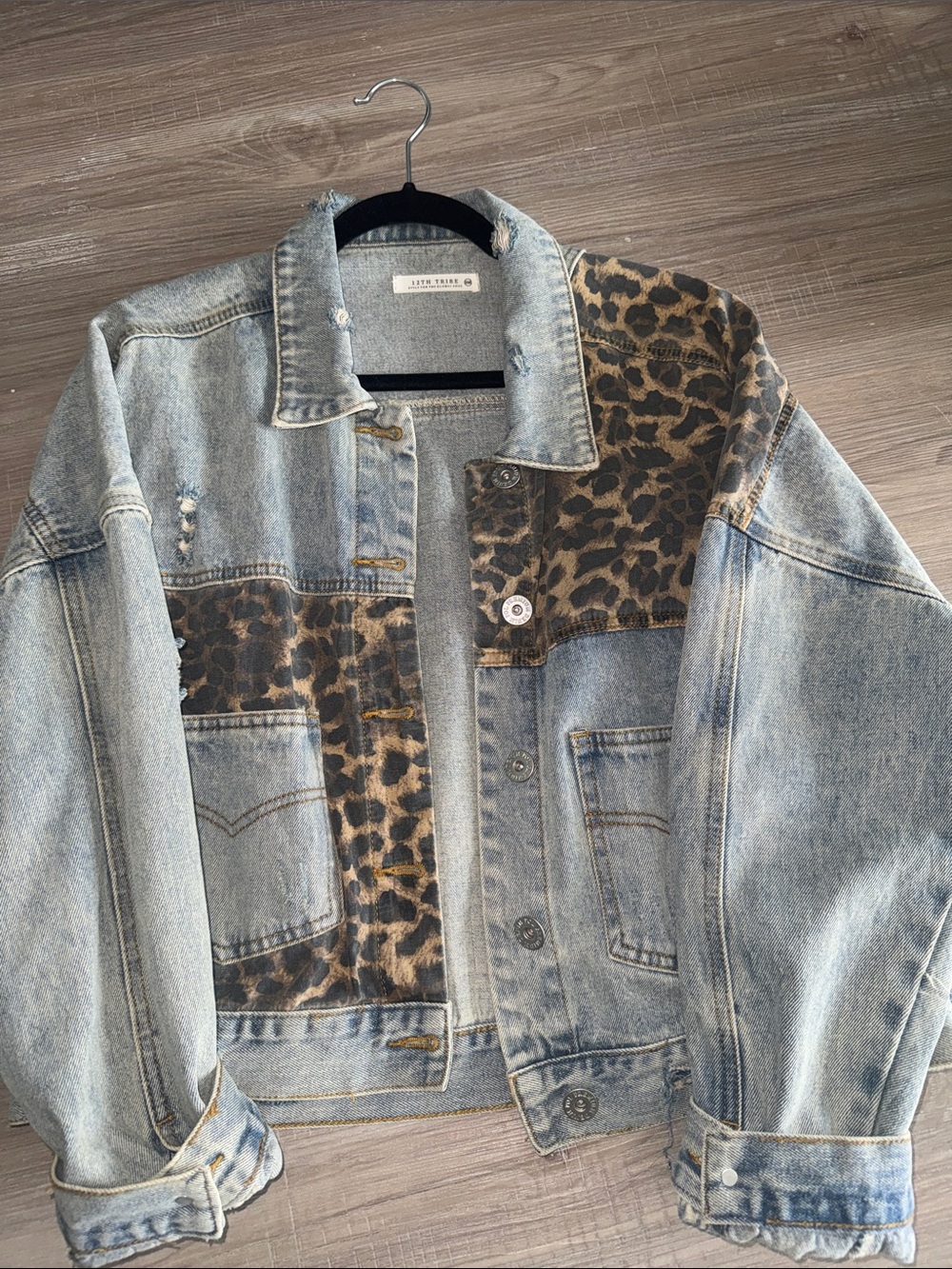 12th tribe leopard patchwork denim jacket distressed size SM great condition